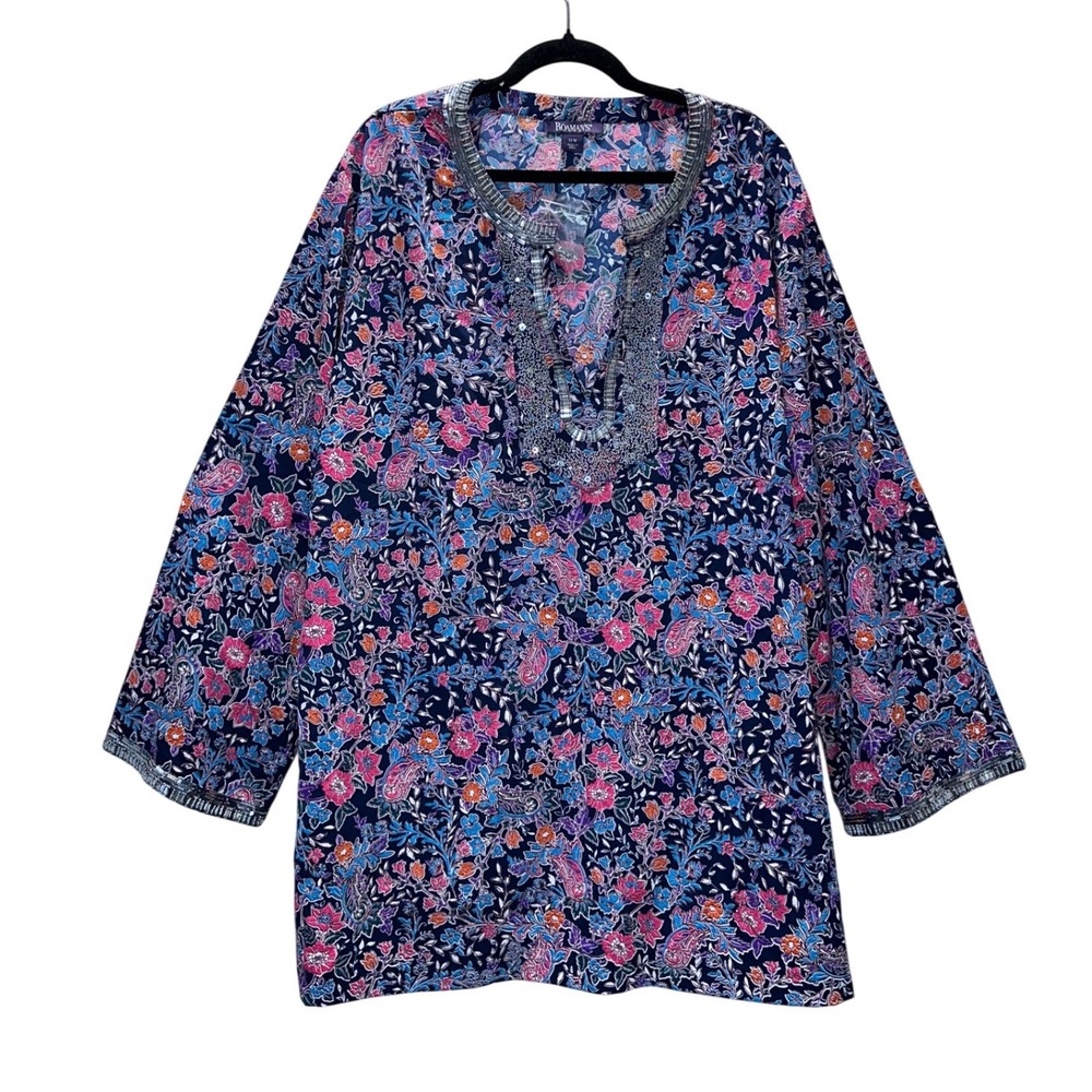 Roamans NWT Women's Plus 32W Navy Floral Paisley Beaded Sequin Tunic Top boo